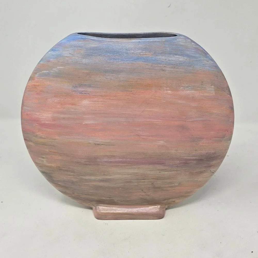 Hand painted ceramic portrait vase tropical sunset Indigenous art pottery pink